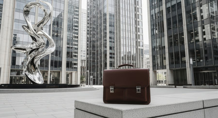 Brown leather briefcase in modern urban plaza with sculptural art and tall buildingsの素材