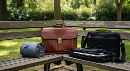 Brown leather briefcase and black laptop bag on wooden park bench in sunny outdoor settingの素材