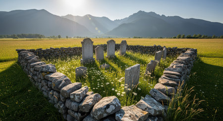 Historic stone graveyard in sunlit mountain valleyの素材