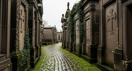 Historic cemetery pathway lined with mausoleums and ivy on cobblestone streetの素材