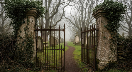 Misty ancient cemetery with iron gate and bare treesの素材