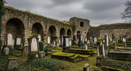 Historic cemetery with weathered tombstones and ancient stone walls under cloudy skyの素材