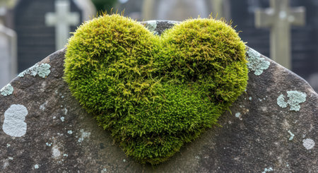 Heart-shaped moss on weathered tombstone in graveyard with crossesの素材