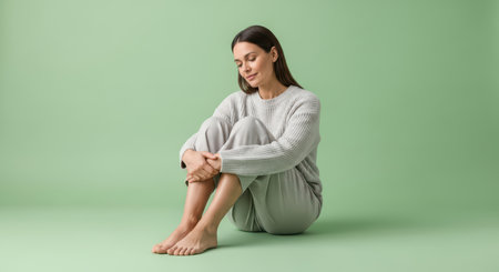 Contemplative caucasian female young adult in casual attire on green backgroundの素材