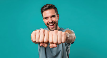 Happy young caucasian male punching playfully against blue backgroundの素材