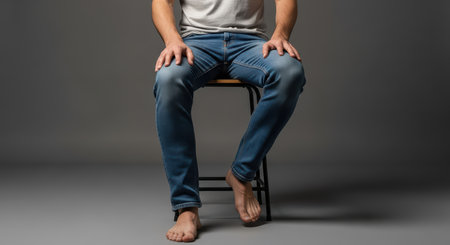 Young caucasian male in casual jeans sitting on stool with bare feetの素材