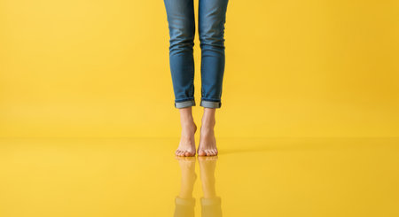 Caucasian female barefoot on yellow background with reflected legs in denimの素材