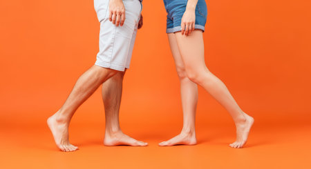 Barefoot caucasian male and female legs on vibrant orange backgroundの素材
