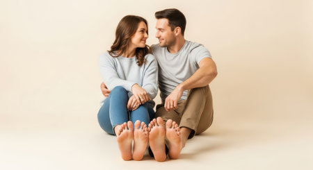 Young caucasian couple sitting barefoot smiling together on beige backgroundの素材