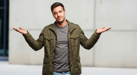 Confused young caucasian male with shrugging gesture in casual attireの素材