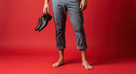 Male adult holding shoes against red background in casual attireの素材