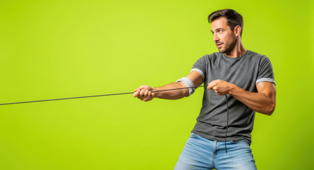 Young caucasian male engaging in tug-of-war against vibrant green backdropの素材