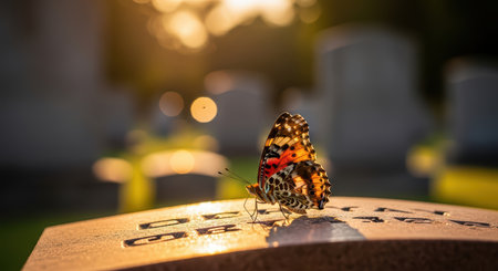Vibrant butterfly resting on sunlit gravestone in serene cemetery settingの素材