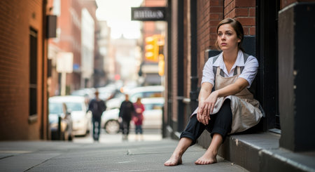 Caucasian young female worker sitting on urban sidewalk reflectingの素材