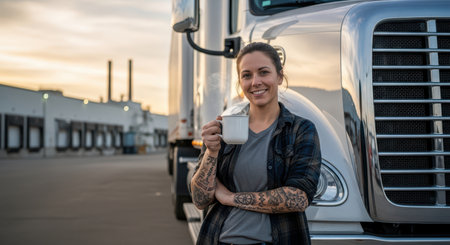 Female truck driver with coffee in industrial setting during sunsetの素材