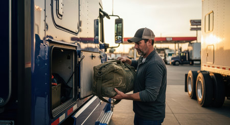 Caucasian male truck driver storing gear in semi-truck at sunset gas stationの素材