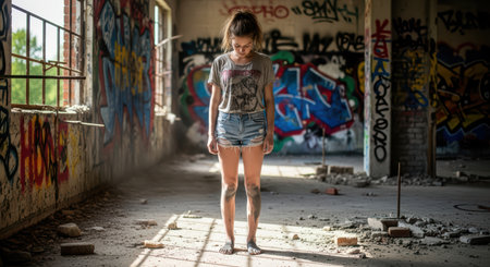 Female teen caucasian exploring abandoned graffiti-filled urban buildingの素材