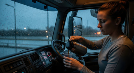 Young caucasian female truck driver preparing coffee in cabin on rainy eveningの素材