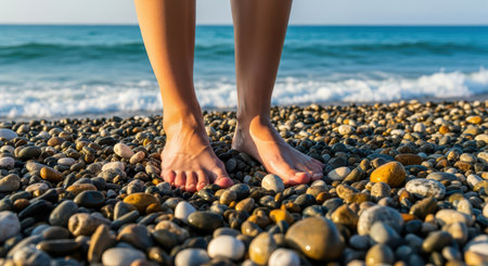 Bare feet on pebble beach by ocean waves under clear skyの素材