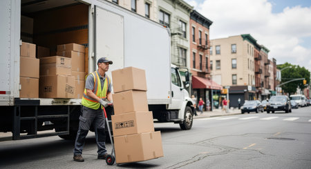 Male worker unloading delivery truck with boxes in urban neighborhood street sceneの素材