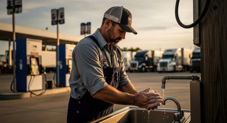 Caucasian male washing hands at gas station near trucks during sunsetの素材
