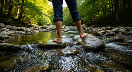 Person exploring serene forest stream barefoot on rocksの素材