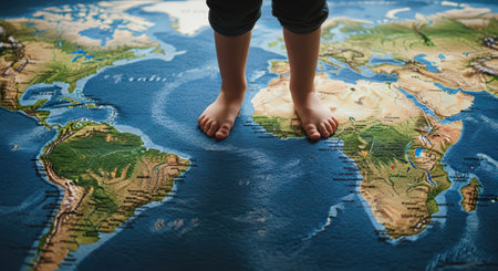 Child standing on world map rug depicting earth continentsの素材