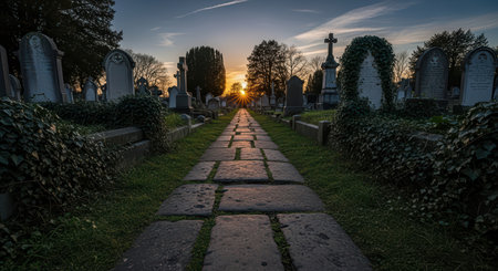 Sunset over historic cemetery path with weathered headstones and ivyの素材