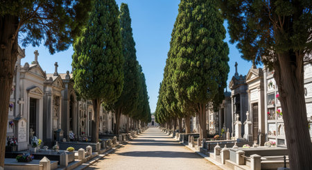 Serene cemetery pathway lined with cypress trees under clear blue skyの素材