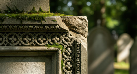 Intricate stone tombstone with moss in sunlit cemeteryの素材