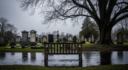 Rainy day cemetery serenity with empty bench and tombstones under treeの素材