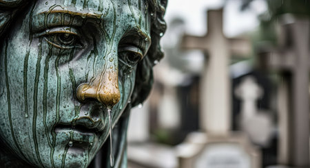 Weathered bronze statue with raindrops in cemetery settingの素材