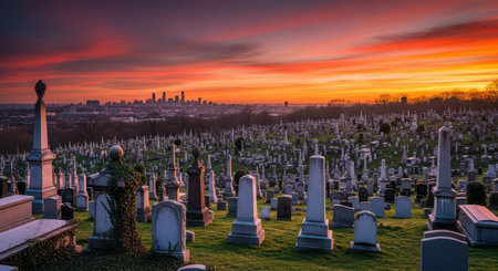 Serene cemetery at sunset with city skyline in the backgroundの素材