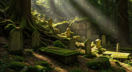 Sunlit forest cemetery with ancient moss-covered tombstonesの素材