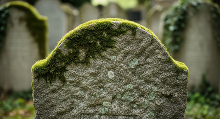 Weathered gravestone with moss and lichen in peaceful cemetery settingの素材