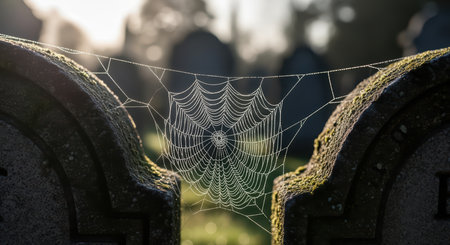 Spider web between moss-covered tombstones in a misty cemetery at dawnの素材