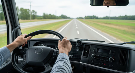 Young caucasian male driving large truck on open highwayの素材