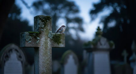 Sparrow on mossy stone cross in serene cemetery at duskの素材