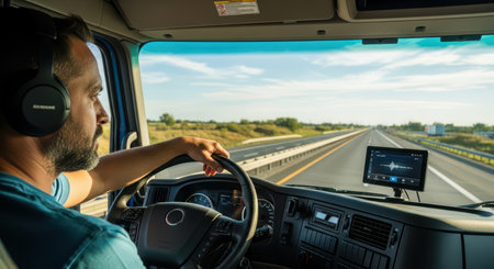Male caucasian adult driving truck on open highway with gps navigationの素材