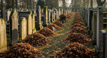 Rows of leaf piles in cemetery with tombstones and wheelbarrow on autumn dayの素材