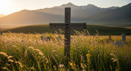 Wooden cross in tranquil meadow at sunset with mountain viewの素材
