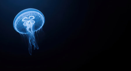 Glowing translucent jellyfish floating in dark ocean depthsの素材