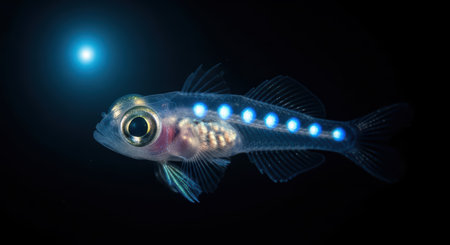 Bioluminescent deep-sea fish with glowing spots in dark ocean depthsの素材