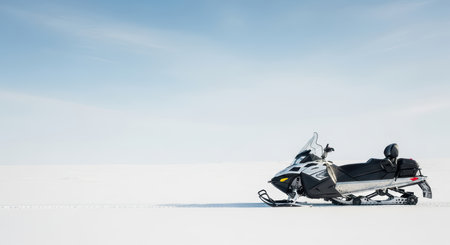 Snowmobile on pristine snowfield under clear skyの素材