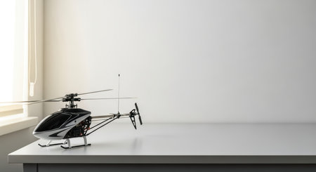 Remote control helicopter on minimalist white desk by windowの素材