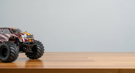 Colorful rc monster truck on wooden surface with gray backgroundの素材