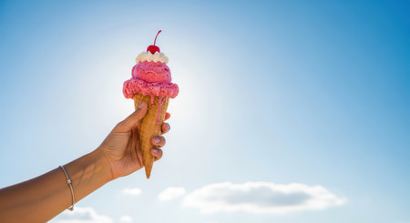 Hand holding strawberry ice cream cone against blue sky on sunny dayの素材