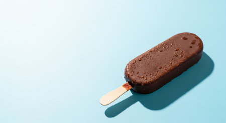 Chocolate ice cream bar on stick with dewdrops resting on light blue surfaceの素材