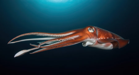 Graceful giant squid swimming underwater in deep ocean habitatの素材