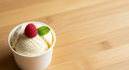 Vanilla ice cream with raspberry and mint on wooden tableの素材